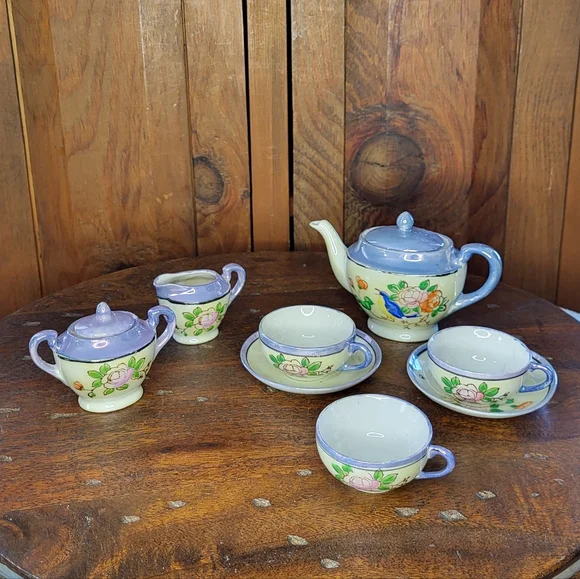 Hand-Painted Floral Luster Ware Tea Set in Lavender and Cream - Picture 1 of 12